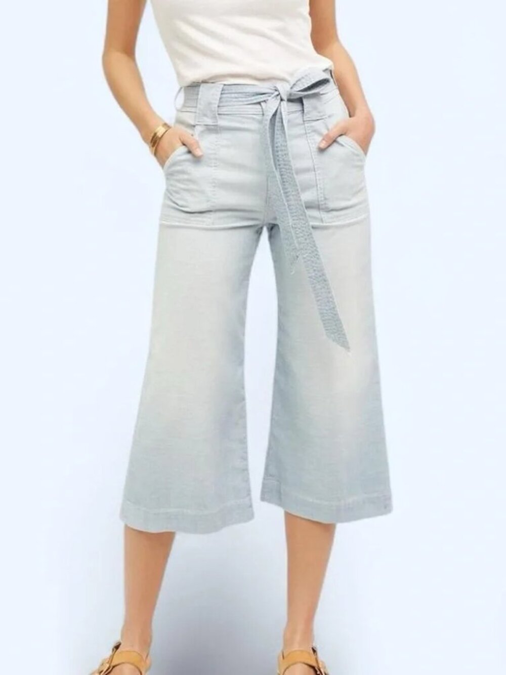 7 For All Mankind Anthro High Rise Tie Waist Palazzo Crop Jeans Light 26 NWOT